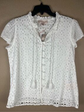 Philosophy Republic White Eyelet Cotton Blouse NWT  M Ruffle Neck Tassel Button